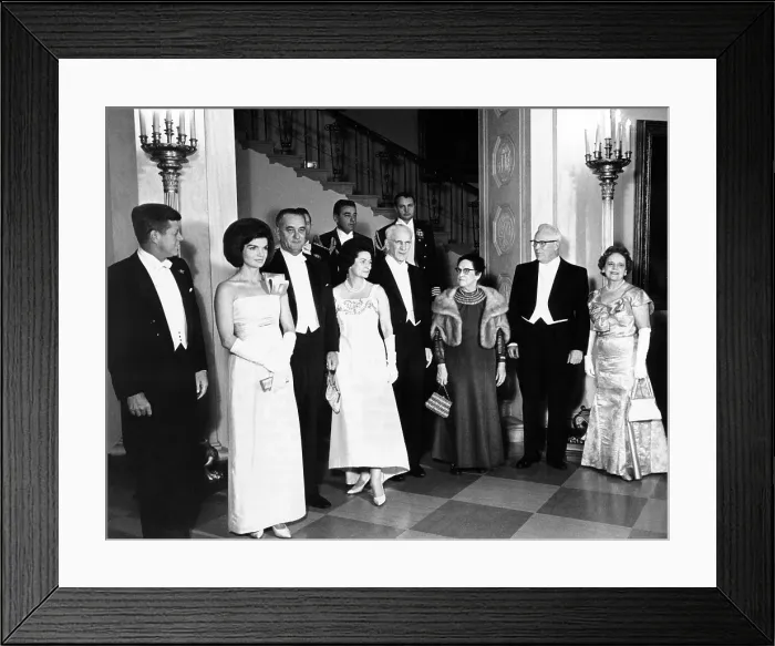 Framed Print : President John and Jacqueline Kennedy at a White House dinner honoring the Executive and Judicial heads of the Government. L-R: President and Mrs. Kennedy; VP and Mrs
