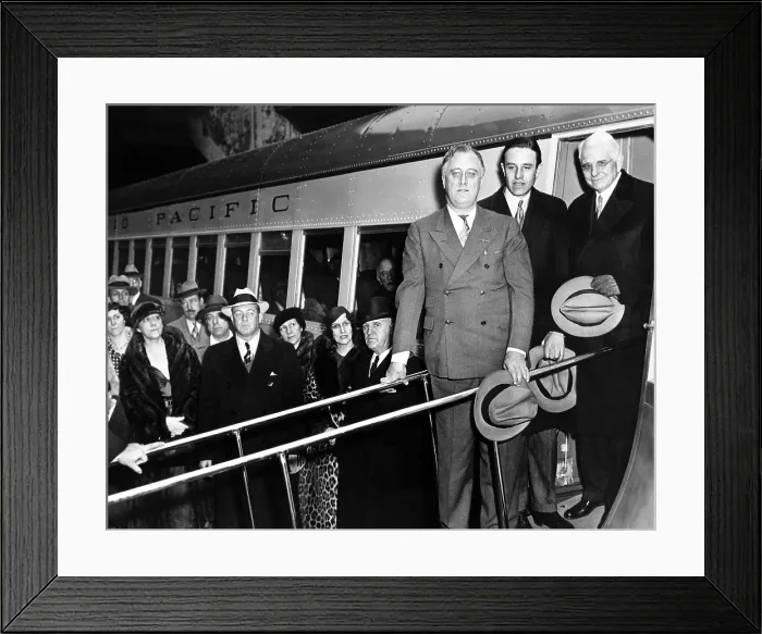 Framed Print : President Franklin Roosevelt inspects the new Union Pacific Streamliners. He is with Averill Harriman, Chairman of the Board of Union Pacific, and C.R