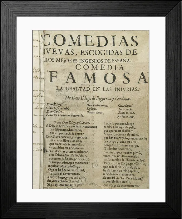 Framed Print : FIGUEROA Y CORDOBA, Diego (1619-1673). Cover of 'Comedias nuevas escogidas de los mejores ingenios de Espaa'. SPAIN. Madrid. National Library