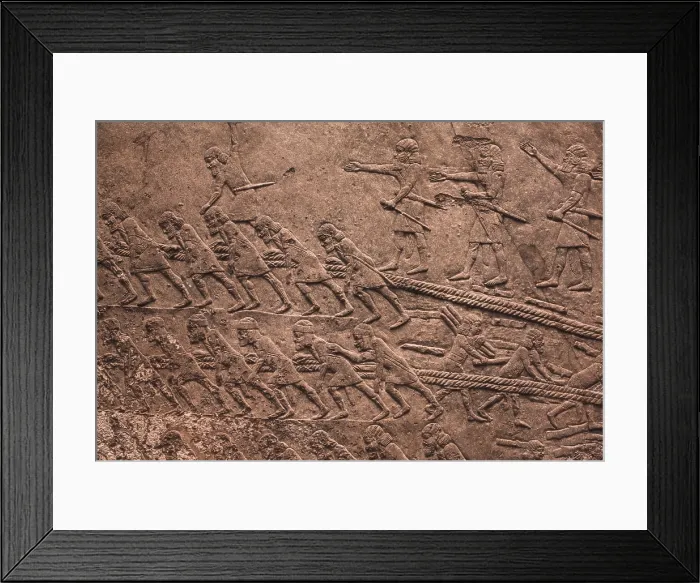 Framed Print : Stone panel from the South-West Palace of Sennacherib (ca. 704 BC - ca. 681 BC). Movement of a stone sculpture from the quarry. Detail. Assyrian art. Relief on rock