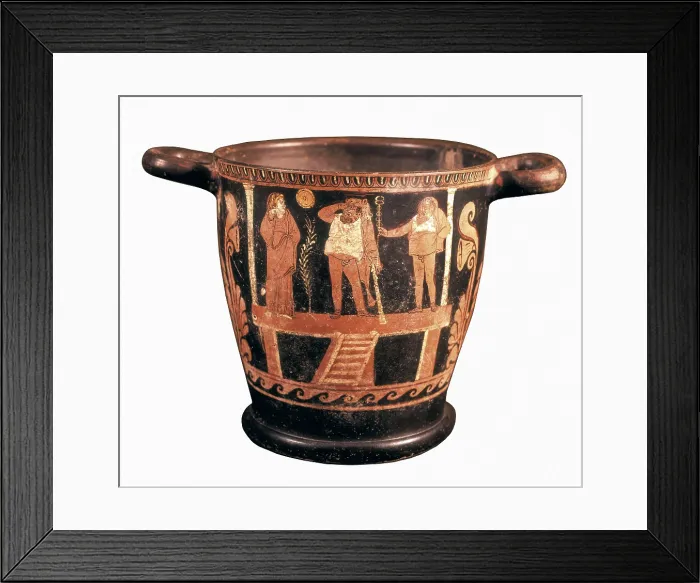 Framed Print : Red-figured skyphos with theatrical performance. 4th c. BC. Representation of Heracles and Hermes in a quarrel. Classical Greek art. Ceramics. ITALY. Milan Framed Print : Red-figured skyphos with theatrical performance. 4th c. BC. Representation of Heracles and Hermes in a quarrel. Classical Greek art. Ceramics. ITALY. Milan