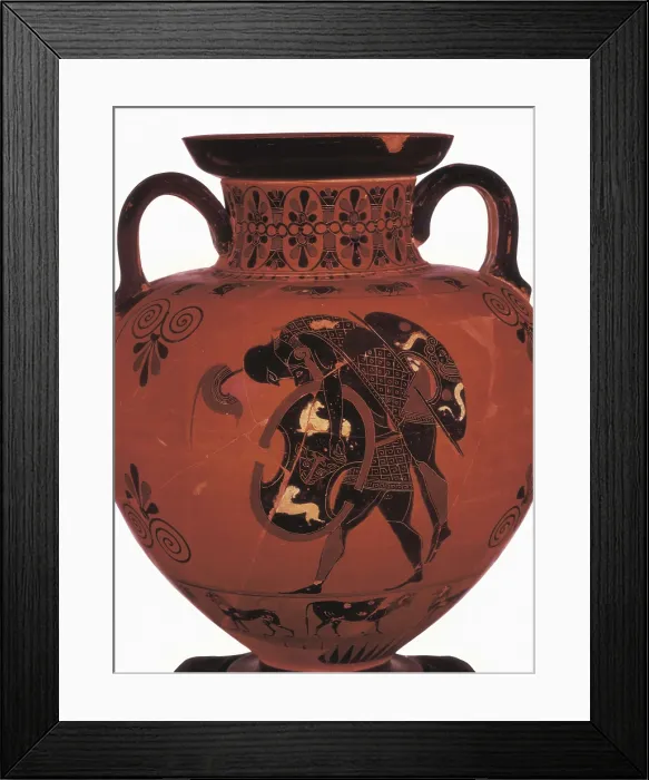 Framed Print : Amphora depicting Ajax carrying the body of Achilles. 6th c. BC. Archaic Greek art. Ceramics. GERMANY. Munich
