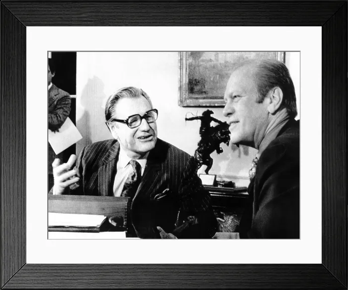 Framed Print : President Gerald Ford meets with newly installed Vice President Nelson Rockefeller. He was the second person appointed VP under the 25th Amendment. Ford was the first. Dec