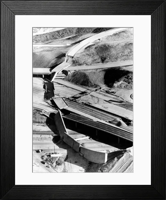 Framed Print : 1971 San Fernando Earthquake collapsed freeway overpasses. Interstate 5 and Highway 14, were closed the inland main highway from Los Angeles to San Francisco Framed Print : 1971 San Fernando Earthquake collapsed freeway overpasses. Interstate 5 and Highway 14, were closed the inland main highway from Los Angeles to San Francisco