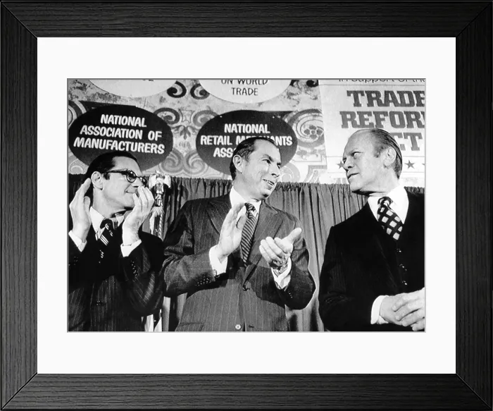 Framed Print : President Gerald Ford at the American Conference on Trade. L-R: William Simon, Treasury Secy.; Walter Wriston, financier; and Pres. Ford