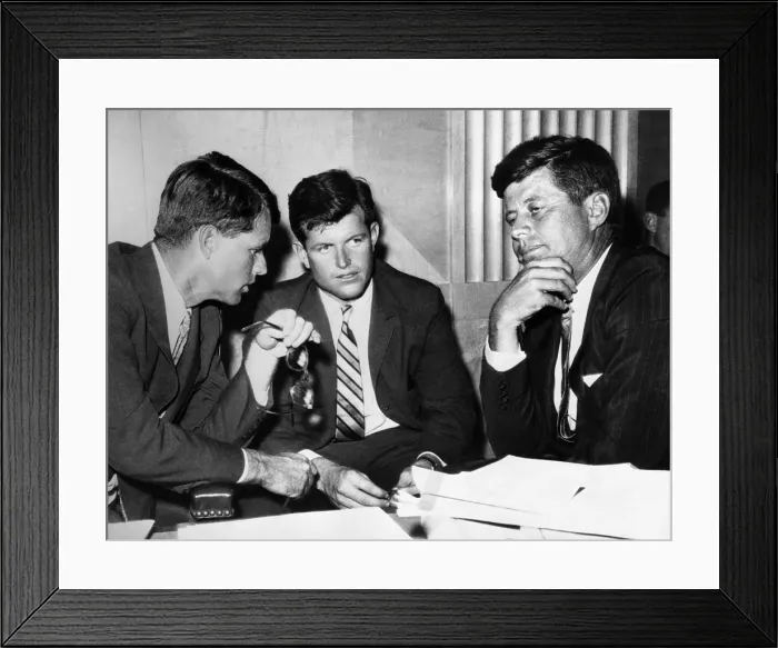 Framed Print : Three Kennedy brothers at rackets hearing. Senate Rackets Committee Counsel Robert Kennedy, left, and Committee member Sen Framed Print : Three Kennedy brothers at rackets hearing. Senate Rackets Committee Counsel Robert Kennedy, left, and Committee member Sen