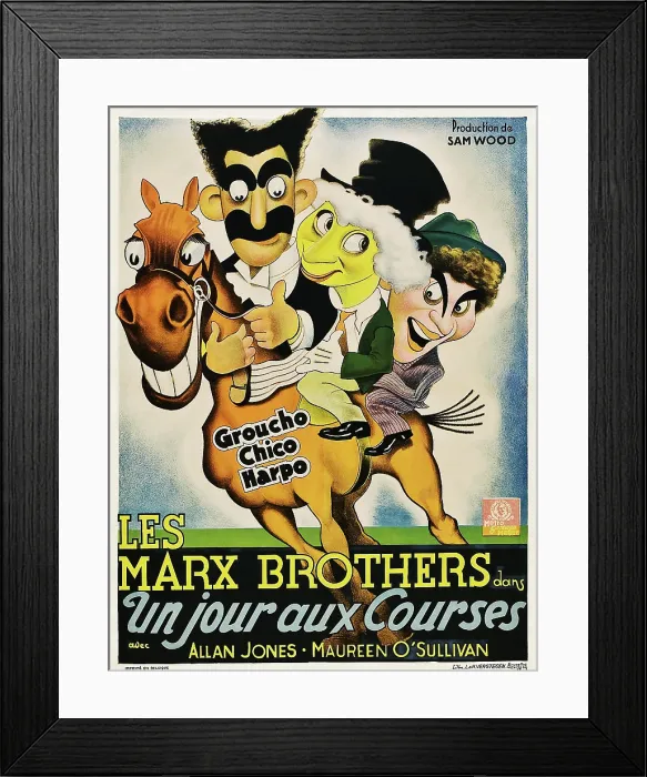 Framed Print : A DAY AT THE RACES, (aka UN JOUR AUX COURSES), Belgian poster art, Chico Marx, Harpo Marx, Groucho Marx, 1937 Framed Print : A DAY AT THE RACES, (aka UN JOUR AUX COURSES), Belgian poster art, Chico Marx, Harpo Marx, Groucho Marx, 1937