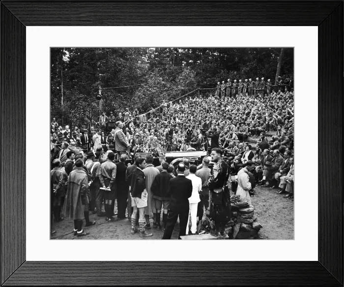 Framed Print : President Franklin Roosevelt addresses the Boy Scouts. FDR stands in his car while speaking to more than 2, 500 New York City Boy Scouts at the ten-mile camp at Narrowsburg, NY