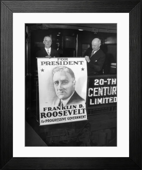 Framed Print : Giant poster of New York Governor Franklin Roosevelt, as a candidate for the Democratic presidential nomination. L-R: Edward J. Flynn, Secy of NYS; and James A Framed Print : Giant poster of New York Governor Franklin Roosevelt, as a candidate for the Democratic presidential nomination. L-R: Edward J. Flynn, Secy of NYS; and James A