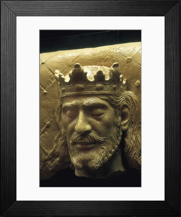 Framed Print : CASCALLS, Jaume (?-1379); JOHN I of Aragon (1350-1396). Sepulchre of Juan I of Aragon. Detail of the head. Catalan school. Alabaster. Gothic art. Sculpture; Sculpture on wood