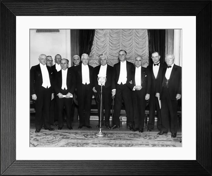 Framed Print : New York Democrats hold a Victory Dinner at the Astor Hotel, Jan. 14, 1932. L-R: John Curry; Morris Tremaine; Charles Sabin; John Raskob; Frank Polk, Chairman; John W Framed Print : New York Democrats hold a Victory Dinner at the Astor Hotel, Jan. 14, 1932. L-R: John Curry; Morris Tremaine; Charles Sabin; John Raskob; Frank Polk, Chairman; John W