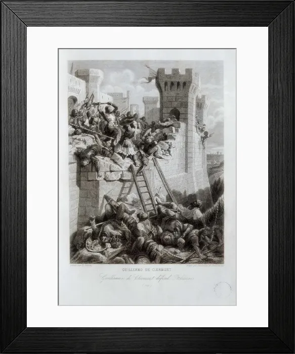 Framed Print : Crusades. Guillaume de Clermont defending Ptolemais (Acre) in 1291. After an original painting by Dominique Papety (1845). Engraving. SPAIN. Barcelona