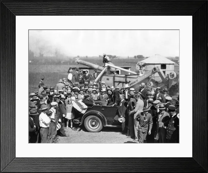Framed Print : Governor Franklin Roosevelt campaigning for President in Nebraska. FDR listens to farmers with a threshing machine as a backdrop. Sept. 29, 1930
