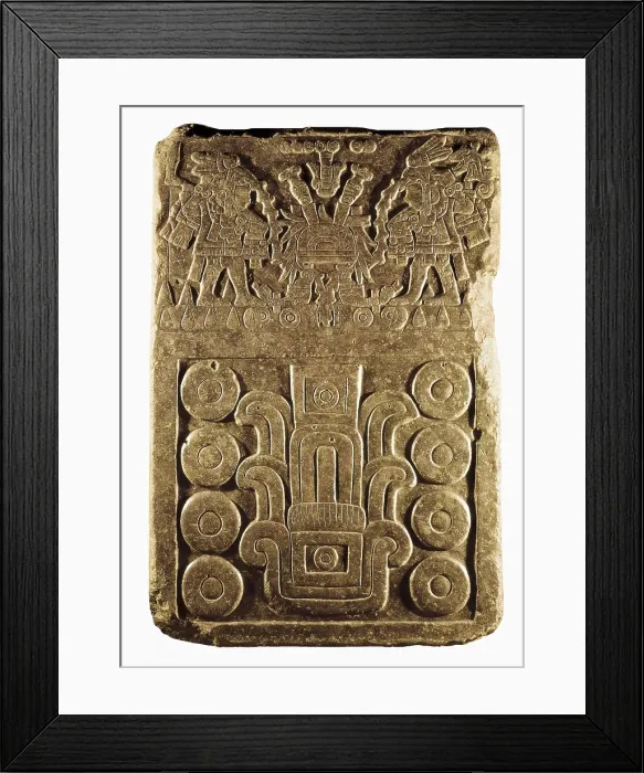 Framed Print : Commemorative Gravestone of the Temple of Tenochtitlan. 1487. Aztec art. Relief on rock. MEXICO. Mexico City. National Museum of Anthropology. Proc: MEXICO. Mexico City
