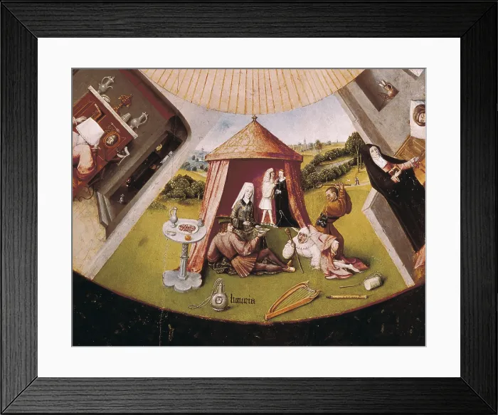 Framed Print : Bosch, Hieronymus Van Aeken, called (1450-1516). Table of the Seven Deadly Sins. 1475 - 1480. Detail of the lust. Flemish art. Oil on wood. SPAIN. Madrid. Prado Museum