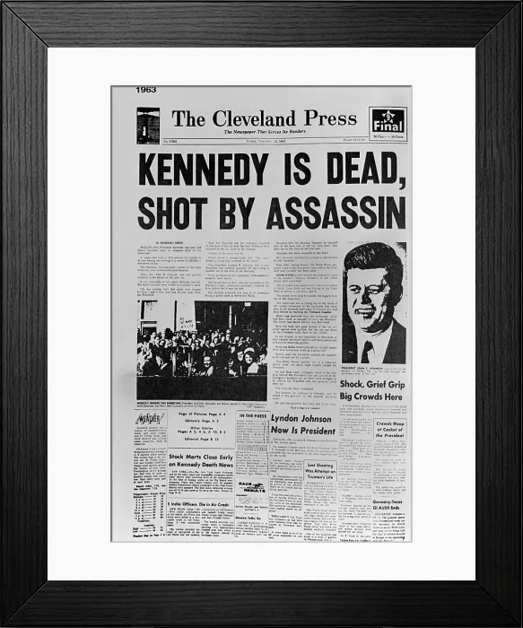 Framed Print : Kennedy assassination headline. Cleveland Press front page reporting President John Kennedy's Assassination. (CSU_ALPHA_991) CSU Archives / Everett Collection Framed Print : Kennedy assassination headline. Cleveland Press front page reporting President John Kennedy's Assassination. (CSU_ALPHA_991) CSU Archives / Everett Collection