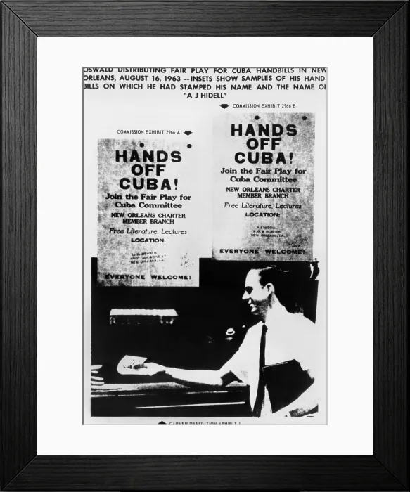 Framed Print : Warren Commission Exhibit. JFK assassin Lee Harvey Oswald distributing Fair Play for Cuba handbills on which he had stamped his name and the name A. J. Hidell