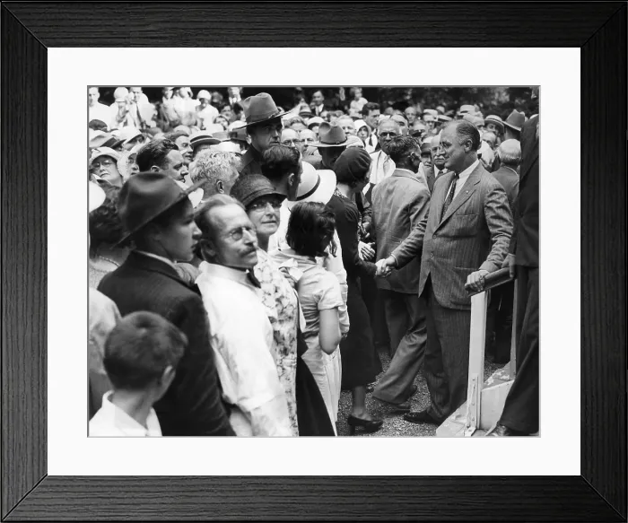 Framed Print : Presidential candidate Franklin Roosevelt is welcomed home. FDR receives his fellow townspeople at the porch of his Hyde Park home. July 9, 1932 Framed Print : Presidential candidate Franklin Roosevelt is welcomed home. FDR receives his fellow townspeople at the porch of his Hyde Park home. July 9, 1932