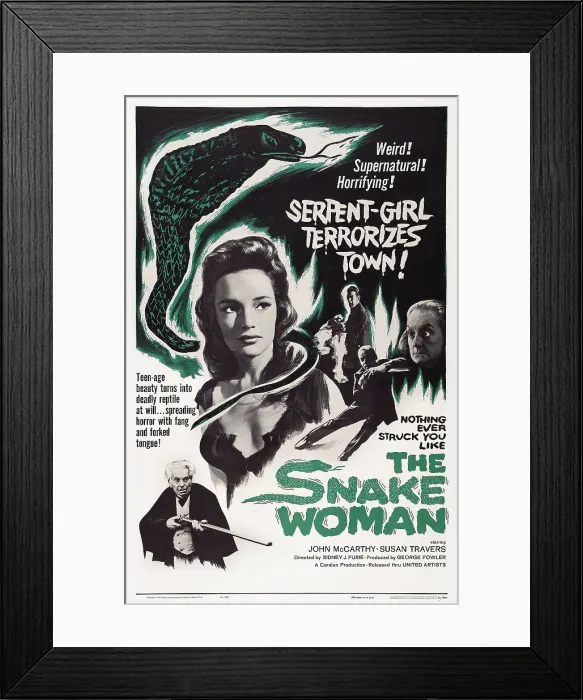 Framed Print : THE SNAKE WOMAN, (aka TERROR OF THE SNAKE WOMAN), US poster art, Susan Travers, Elsie Wagstaff, 1961 Framed Print : THE SNAKE WOMAN, (aka TERROR OF THE SNAKE WOMAN), US poster art, Susan Travers, Elsie Wagstaff, 1961