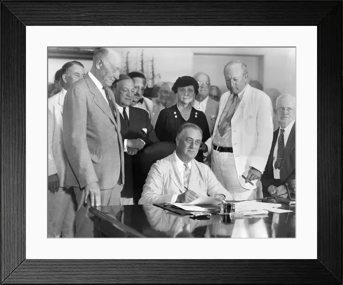 Framed Print : President Franklin Roosevelt signs the Social Security Bill. L-R: Rep. Robert Boughton of NC; Sen. Robert Wagner, NY; Sec. Lab, Francis Perkins; Sen. Pat Harrison, Miss.; And Rep