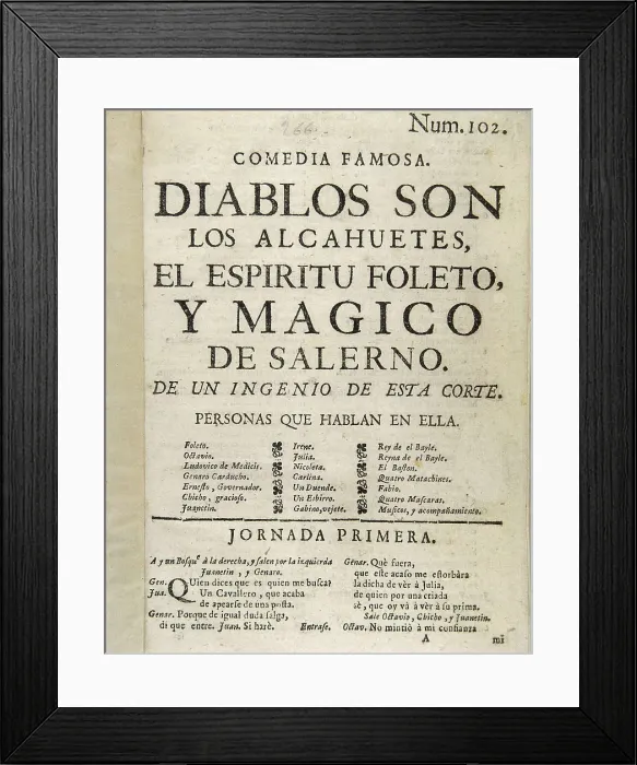 Framed Print : ZAMORA, Antonio de (1660-1728). Frontispiece of his comedy 'Diablos son los alcahuetes, el espritu foleto, y mgico de Salerno' (Madrid, 1731). SPAIN. Madrid