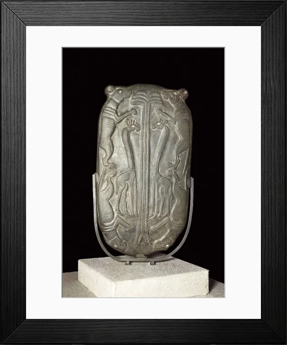 Framed Print : Palette of the Dogs. 3300 -3100 BC. Protodynastic period. Representation of four dogs and two giraffes. Egyptian art. Relief on rock. FRANCE. Paris. Louvre Museum
