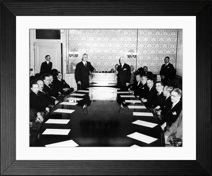 Framed Print : President Franklin Roosevelt (standing left) and Secretary of State Cordell Hull (standing right), addressed the board of Governors of the Pan American Union