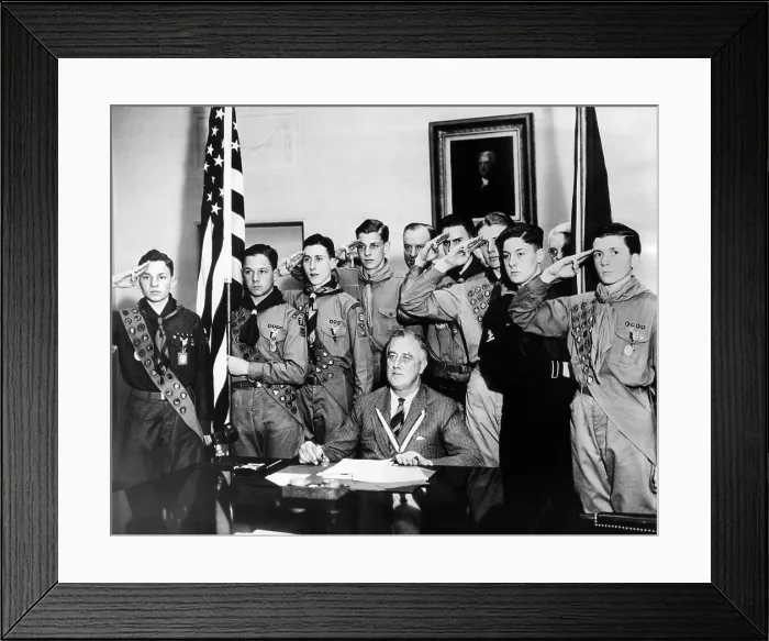 Framed Print : President Franklin Roosevelt surrounded by saluting Honor Scouts, marking the 27th anniversary of the founding of the Boy Scouts on Feb. 8, 1937 Framed Print : President Franklin Roosevelt surrounded by saluting Honor Scouts, marking the 27th anniversary of the founding of the Boy Scouts on Feb. 8, 1937