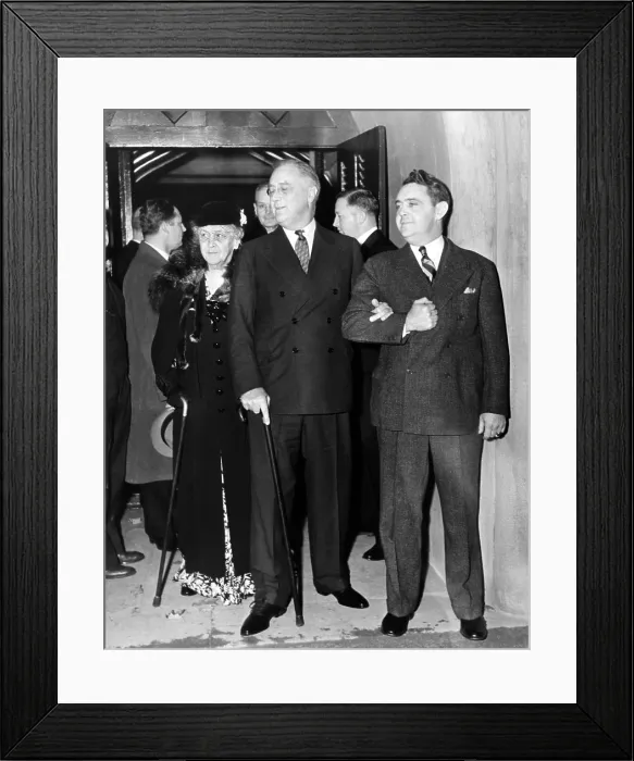 Framed Print : President Franklin Roosevelt after services at St. James Episcopal Church. On left is his mother, Sara Delano Roosevelt. On right is his bodyguard Thomas Qualtes, Hyde Park, NY