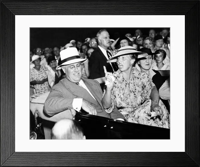 Framed Print : President Franklin Roosevelt and a very animated Eleanor Roosevelt, leave a society wedding at St. James Church, Hyde Park, NY