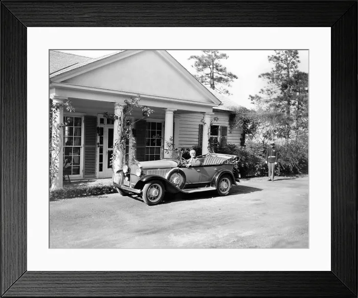 Framed Print : President Franklin Roosevelt in his specialized car at his vacation cottage at Warm Springs, Georgia where he spent the Thanksgiving holiday. Nov. 23, 1935 Framed Print : President Franklin Roosevelt in his specialized car at his vacation cottage at Warm Springs, Georgia where he spent the Thanksgiving holiday. Nov. 23, 1935