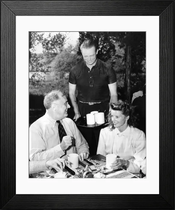 Framed Print : President Franklin Roosevelt lunching with Actress Katherine Hepburn at Val-Kil Cottage at the Hyde Park Estate