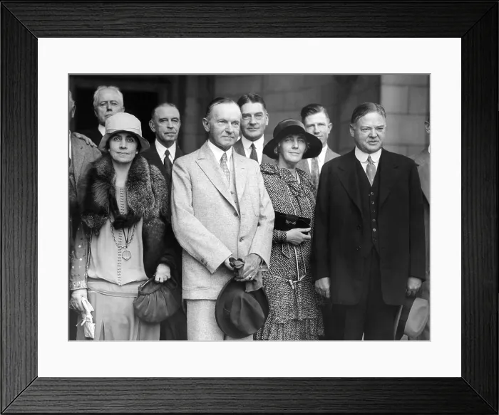 Framed Print : Republican nominee Hoover heads the greeting party for President and Mrs. Coolidge. L-R: First Lady Grace Coolidge, Calvin Coolidge, Mrs. Lou Hoover, and Herbert Hoover. Sept