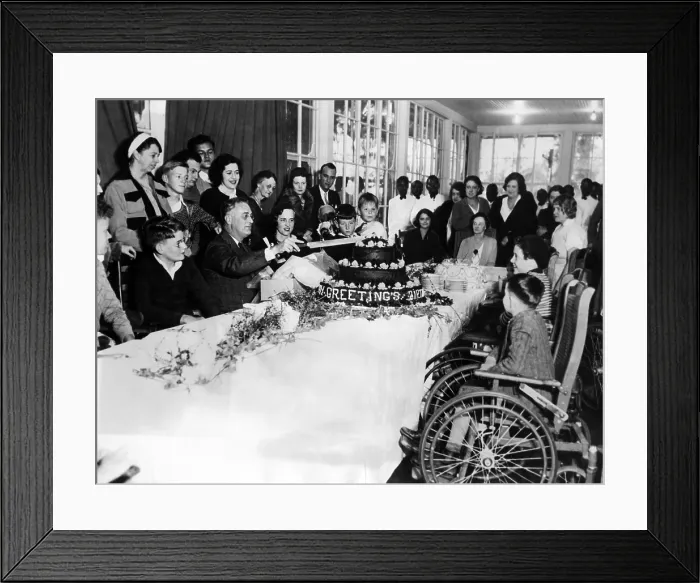 Framed Print : President-elect Franklin Roosevelt celebrating his 51st birthday. FDR cuts his birthday cake at the sanitarium for polio victims at Warm Springs, Georgia Framed Print : President-elect Franklin Roosevelt celebrating his 51st birthday. FDR cuts his birthday cake at the sanitarium for polio victims at Warm Springs, Georgia