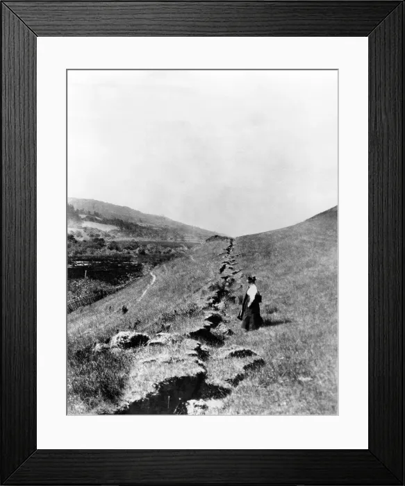 Framed Print : California Earthquake, 1906. Looking north along surface trace of San Andreas fault, two miles north of Skinner Ranch Olema, Marn County, California