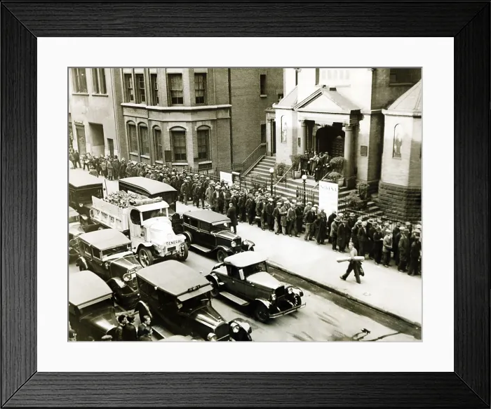 Framed Print : The jobless line up for a nickel. Twice a day, Father Gabriel, of the Church of St. Francis of Assisi, hands out nickels to the needy Framed Print : The jobless line up for a nickel. Twice a day, Father Gabriel, of the Church of St. Francis of Assisi, hands out nickels to the needy