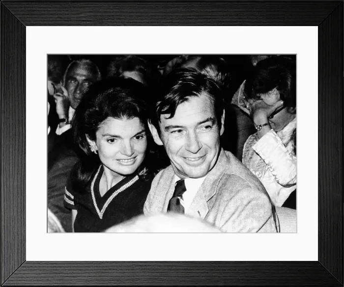 Framed Print : Jacqueline Kennedy Onassis and architect Edward Barnes attend a broadway musical, Forty Carats'. He was a friend, and with her theater party. May 21, 1969