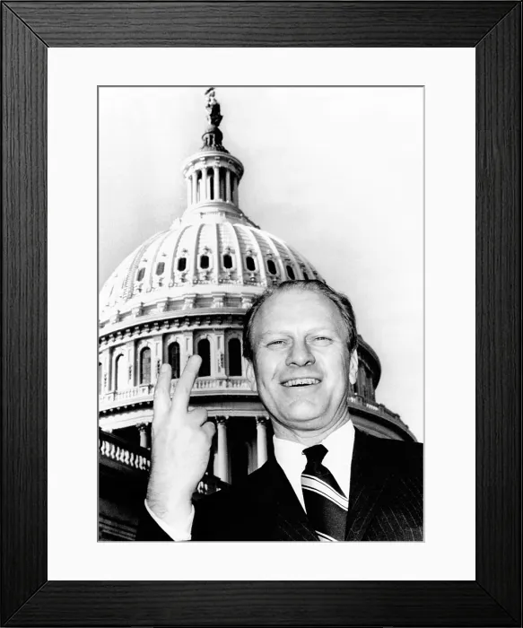 Framed Print : House Republican Leader Gerald Ford flashes a victory smile after the House sustained President Nixon's veto of a $19.7 million school and health money bill. Dec. 28, 1970
