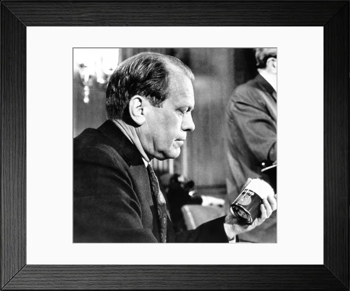 Framed Print : House Republican leader Gerald Ford, decries inflation in a press conference. He holds a can of tomatoes whose price increased from 20 to 39 cents in 5 years Framed Print : House Republican leader Gerald Ford, decries inflation in a press conference. He holds a can of tomatoes whose price increased from 20 to 39 cents in 5 years