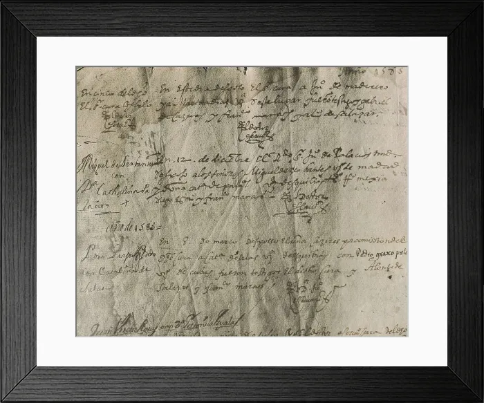 Framed Print : CERVANTES SAAVEDRA, Miguel de (1547-1616). Miguel de Cervantes and Catalinia de Salazar y Palacios marriage certificate (12th December 1584). SPAIN. Esquivias. Parish Church