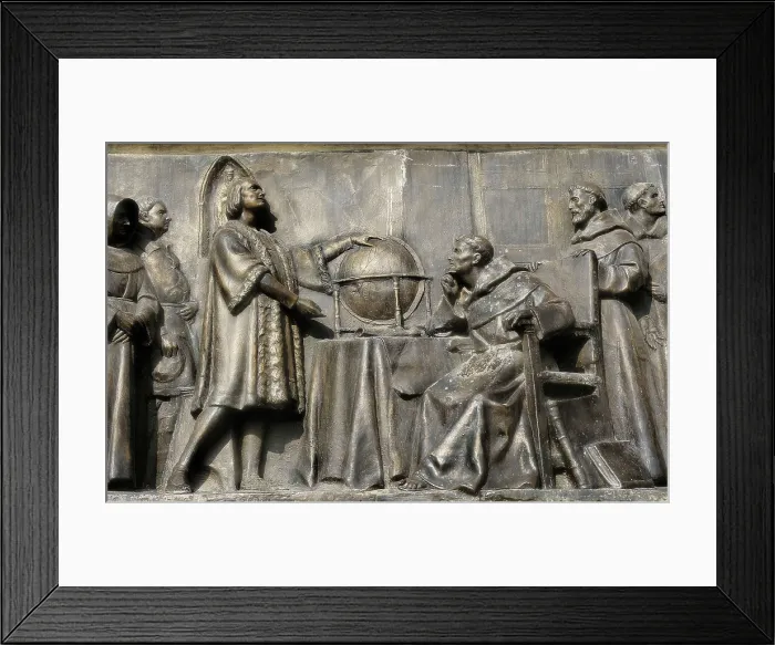 Framed Print : Christopher Columbus together with fray Juan Prez and other Franciscan monks in the Monastery de la Rbida. Relief on bronze. SPAIN. Palos de la Frontera. La Rbida Monastery Framed Print : Christopher Columbus together with fray Juan Prez and other Franciscan monks in the Monastery de la Rbida. Relief on bronze. SPAIN. Palos de la Frontera. La Rbida Monastery