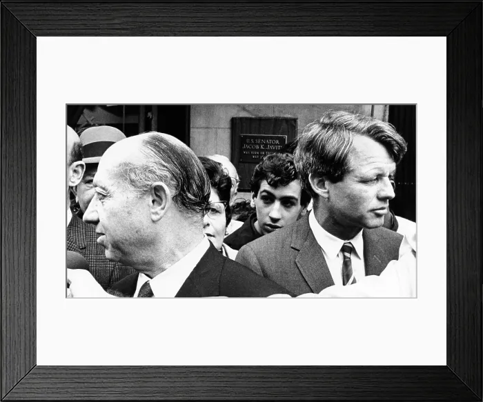 Framed Print : New York States two senators touring NYC's Lower East Side. Republican Jacob Javits (left) and Democrat Robert Kennedy at Javit's birthplace (plaque). May 11, 1967