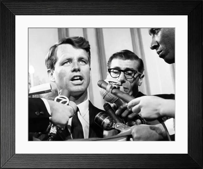 Framed Print : Senator Robert Kennedy in a press conference. He responded to an announcement that 12, 000 workers would be affected by the closing of the Brooklyn Navy Yard and the Army Terminal