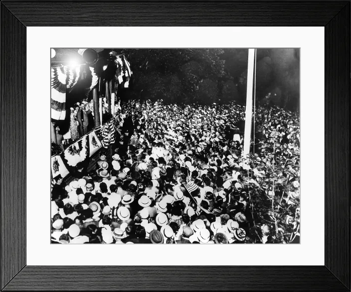 Framed Print : Gov. Franklin Roosevelt speaks to a crowd of over 30, 000 on his return to Albany. They are celebrating his winning of the Democratic Presidential nomination