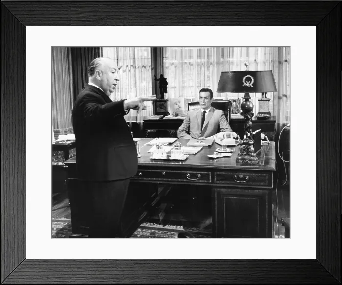 Framed Print : MARNIE, from left, director Alfred Hitchcock, Sean Connery, on-set, 1964