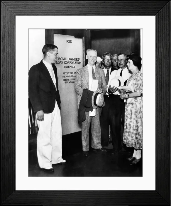 Framed Print : First Federal Home Owners Loan Corporation office (HOLC) opens. HOLC was a New Deal agency established in 1933 under President Franklin Roosevelt