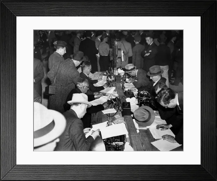 Framed Print : First reports of the Hindenburg disaster. Newspaper men and telegraph operators work together in the pressroom of Lakehurst Naval Air Station to report the Hindenburg disaster Framed Print : First reports of the Hindenburg disaster. Newspaper men and telegraph operators work together in the pressroom of Lakehurst Naval Air Station to report the Hindenburg disaster
