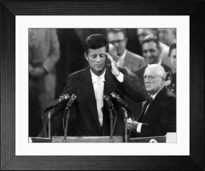 Framed Print : Sen. John Kennedy after his narrow defeat for the 1956 Democratic Vice Presidential nomination. He spoke to the convention, urging delegates to make Sen