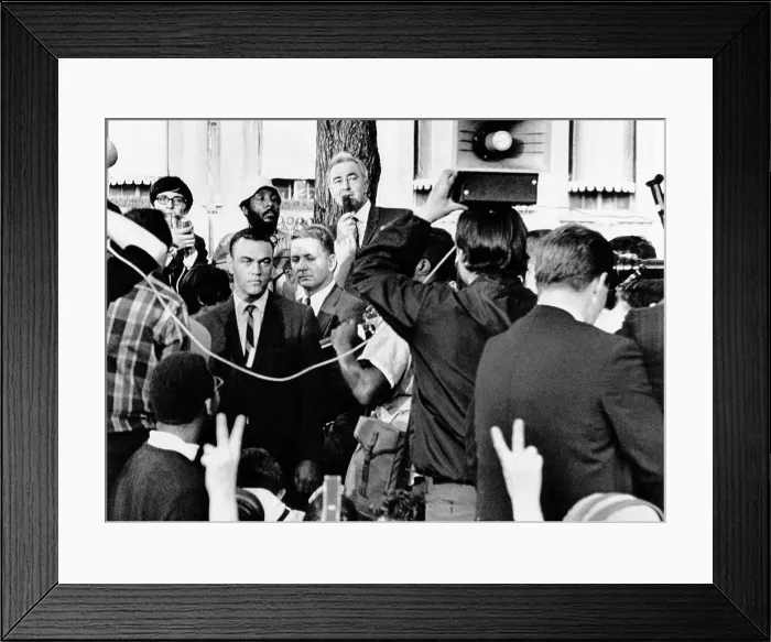 Framed Print : Sen. Eugene McCarthy addresses of anti-war demonstrators in Chicago's Grant Park, August 29, 1968, across the street from the Hilton Hotel