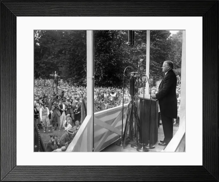 Framed Print : President Herbert Hoover speaking at Gettysburg Battlefield. His Memorial Day speech reflected his Quaker faith, as he called for national unity and peaceful tolerance